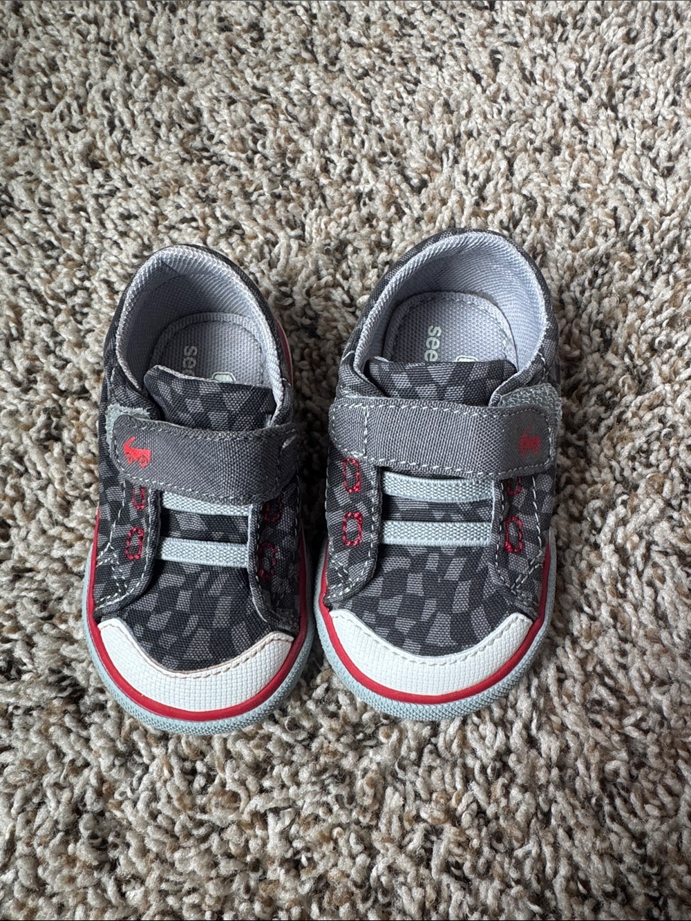 See Kai Run Gray and Red Checkered Hook-and-Loop Kids Sneakers